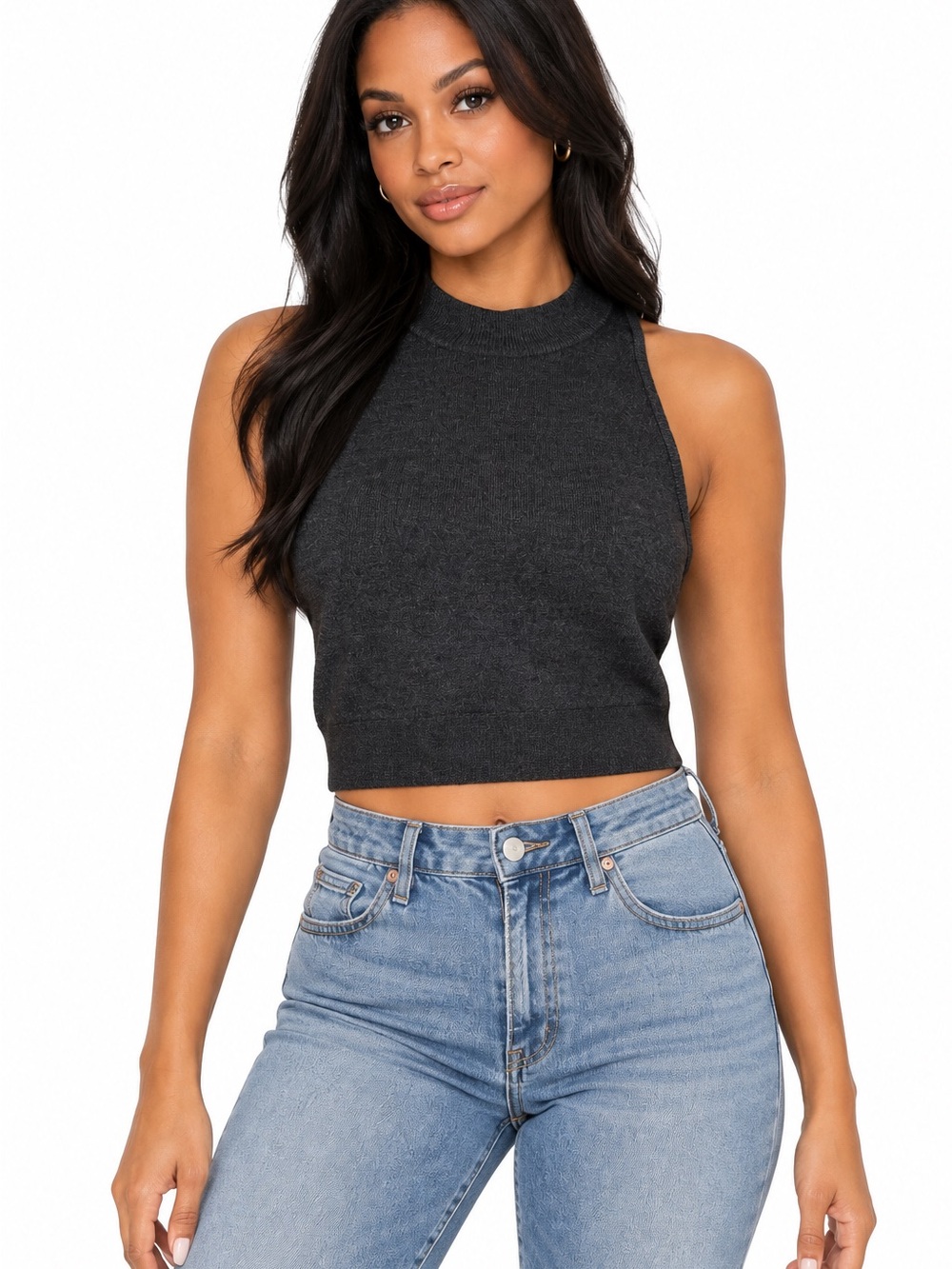 Victoria’s Secret Dark Gray Sleeveless Mock Neck Knit Top L Hook & Eye Back